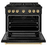 ZLINE Autograph Edition 36 in. 5.2 cu. ft. Paramount Gas Range with 6 Burner DuoPro™ Cooktop and Convection Gas Oven in Black Stainless Steel and Polished Gold Accents (PSGRBZ-36-G) - (PSGRBZ36G) -