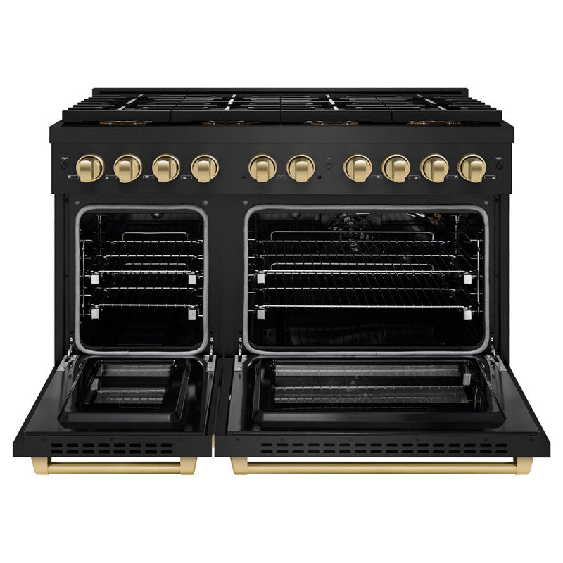 ZLINE Autograph Edition 48 in. 6.7 cu. ft. Paramount Gas Range with 8 Burner DuoPro™ Cooktop and Dual Ovens in Black Stainless Steel and Champagne Bronze Accents (PSGRBZ-48-CB) - (PSGRBZ48CB) -
