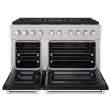 ZLINE 48 in. 6.7 cu. ft. Paramount Gas Range with 8 Burner DuoPro™ Cooktop and Dual Ovens in Satin Stainless Steel with Black Matte Doors (PSGRS-BLM-48) - (PSGRSBLM48) -