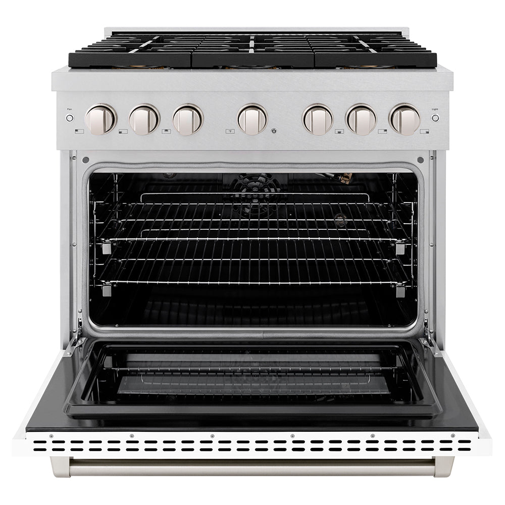 ZLINE 36 in. 5.2 cu. ft. Paramount Gas Range with 6 Burner DuoPro™ Cooktop and Convection Gas Oven in Satin Stainless Steel with White Matte Door (PSGRS-WM-36) - (PSGRSWM36) -