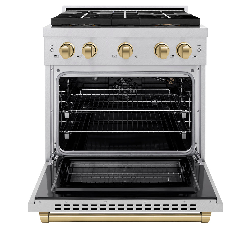 ZLINE Autograph Edition 30 in. 4.2 cu. ft. Paramount Gas Range with 4 Burner DuoPro™ Cooktop and Convection Gas Oven in Satin Stainless Steel and Champagne Bronze Accents (PSGRSZ-30-CB) - (PSGRSZ30CB) -