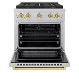 ZLINE Autograph Edition 30 in. 4.2 cu. ft. Paramount Gas Range with 4 Burner DuoPro™ Cooktop and Convection Gas Oven in Satin Stainless Steel and Polished Gold Accents (PSGRSZ-30-G) - (PSGRSZ30G) -