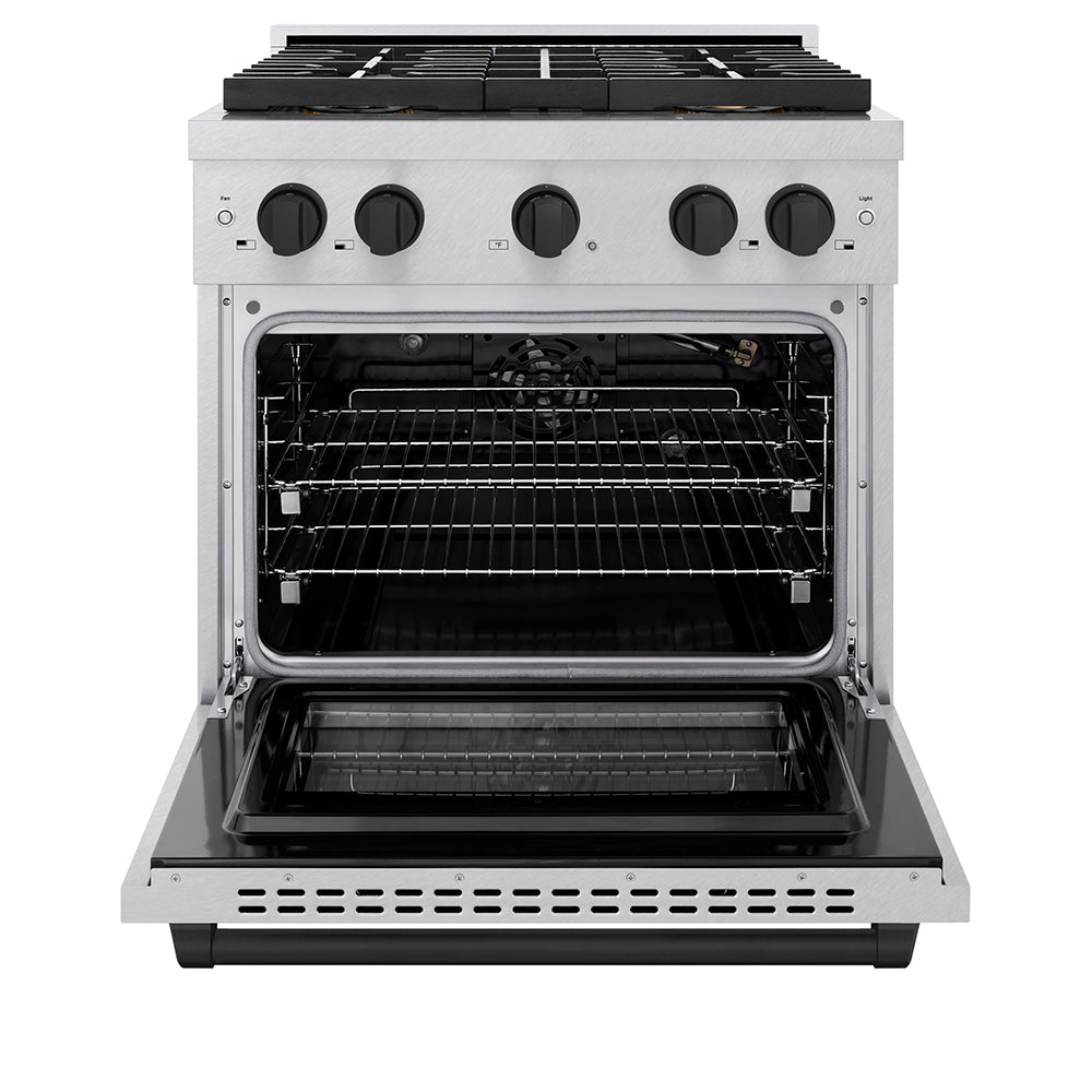 ZLINE Autograph Edition 30 in. 4.2 cu. ft. Paramount Gas Range with 4 Burner DuoPro™ Cooktop and Convection Gas Oven in Satin Stainless Steel and Matte Black Accents (PSGRSZ-30-MB) - (PSGRSZ30MB) -