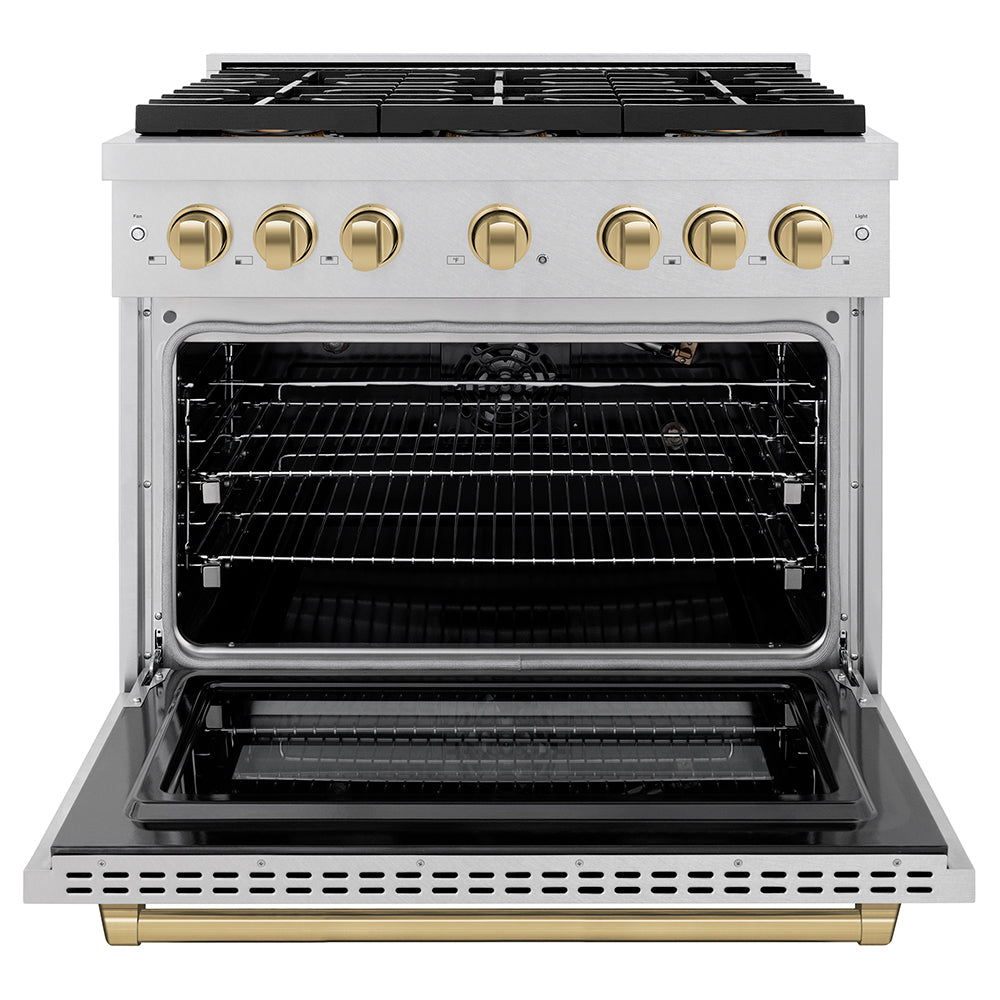 ZLINE Autograph Edition 36 in. 5.2 cu. ft. Paramount Gas Range with 6 Burner DuoPro™ Cooktop and Convection Gas Oven in Satin Stainless Steel and Champagne Bronze Accents (PSGRSZ-36-CB) - (PSGRSZ36CB) -