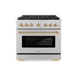 ZLINE Autograph Edition 36 in. 5.2 cu. ft. Paramount Gas Range with 6 Burner DuoPro™ Cooktop and Convection Gas Oven in Satin Stainless Steel and Polished Gold Accents (PSGRSZ-36-G) - (PSGRSZ36G) -