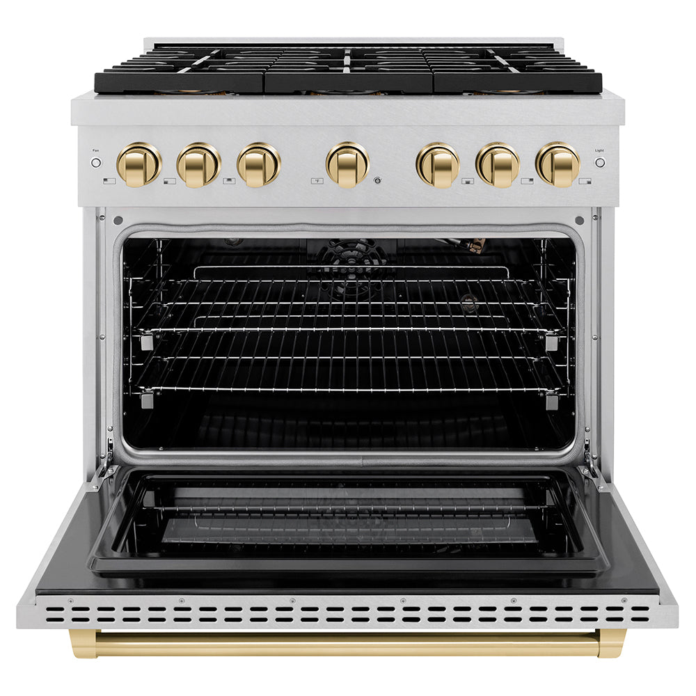 ZLINE Autograph Edition 36 in. 5.2 cu. ft. Paramount Gas Range with 6 Burner DuoPro™ Cooktop and Convection Gas Oven in Satin Stainless Steel and Polished Gold Accents (PSGRSZ-36-G) - (PSGRSZ36G) -