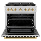 ZLINE Autograph Edition 36 in. 5.2 cu. ft. Paramount Gas Range with 6 Burner DuoPro™ Cooktop and Convection Gas Oven in Satin Stainless Steel and Polished Gold Accents (PSGRSZ-36-G) - (PSGRSZ36G) -