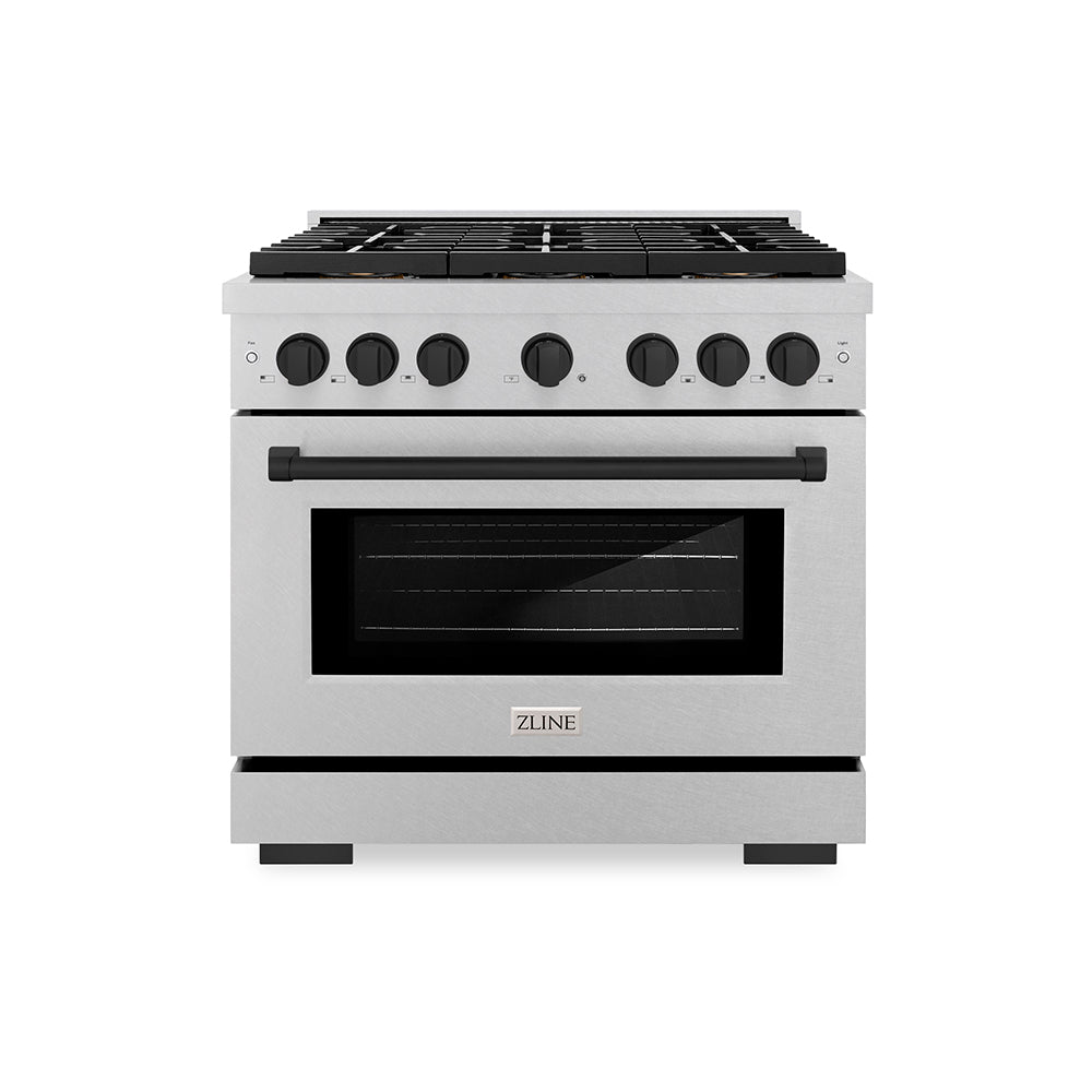 ZLINE Autograph Edition 36 in. 5.2 cu. ft. Paramount Gas Range with 6 Burner DuoPro™ Cooktop and Convection Gas Oven in Satin Stainless Steel and Matte Black Accents (PSGRSZ-36-MB) - (PSGRSZ36MB) -