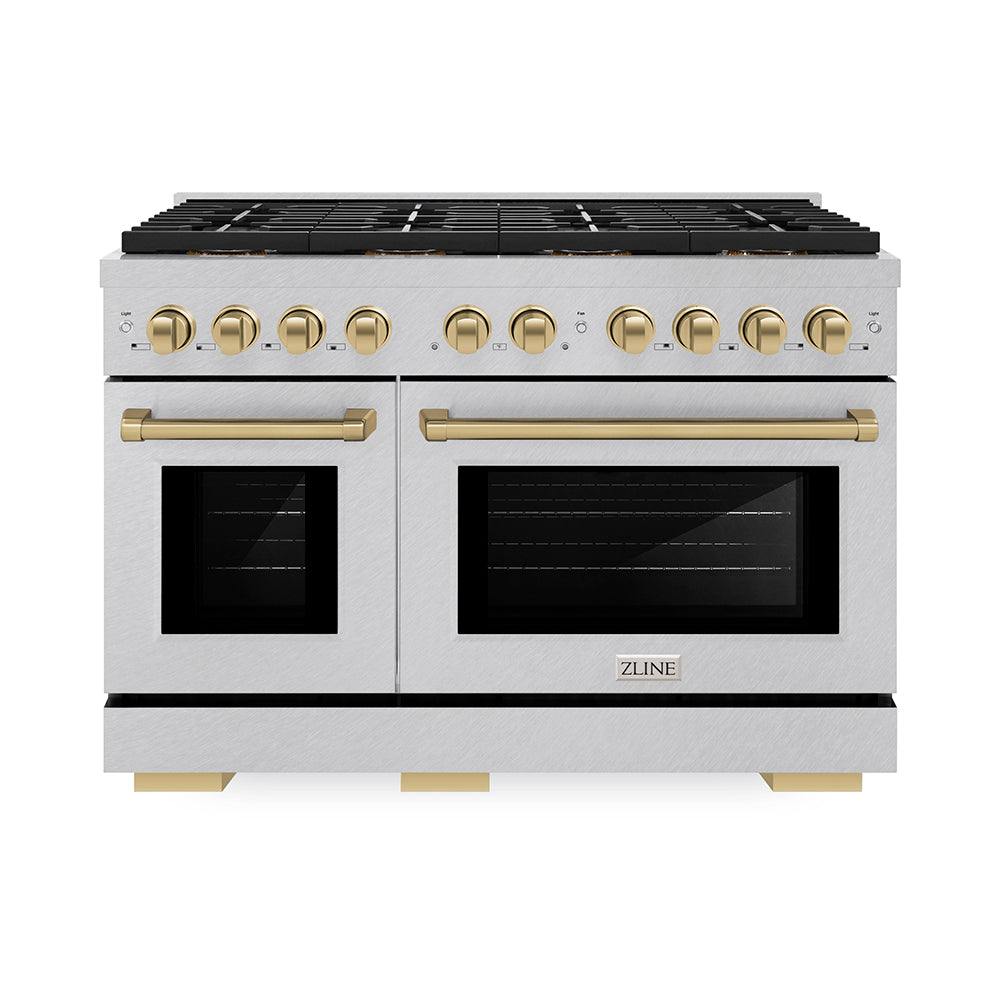 ZLINE Autograph Edition 48 in. 6.7 cu. ft. Paramount Gas Range with 8 Burner DuoPro™ Cooktop and Dual Ovens in Satin Stainless Steel and Champagne Bronze Accents (PSGRSZ-48-CB) - (PSGRSZ48CB) -