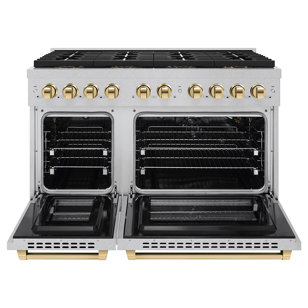 ZLINE Autograph Edition 48 in. 6.7 cu. ft. Paramount Gas Range with 8 Burner DuoPro™ Cooktop and Dual Ovens in Satin Stainless Steel and Polished Gold Accents (PSGRSZ-48-G) - (PSGRSZ48G) -