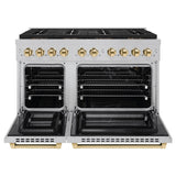 ZLINE Autograph Edition 48 in. 6.7 cu. ft. Paramount Gas Range with 8 Burner DuoPro™ Cooktop and Dual Ovens in Satin Stainless Steel and Polished Gold Accents (PSGRSZ-48-G) - (PSGRSZ48G) -