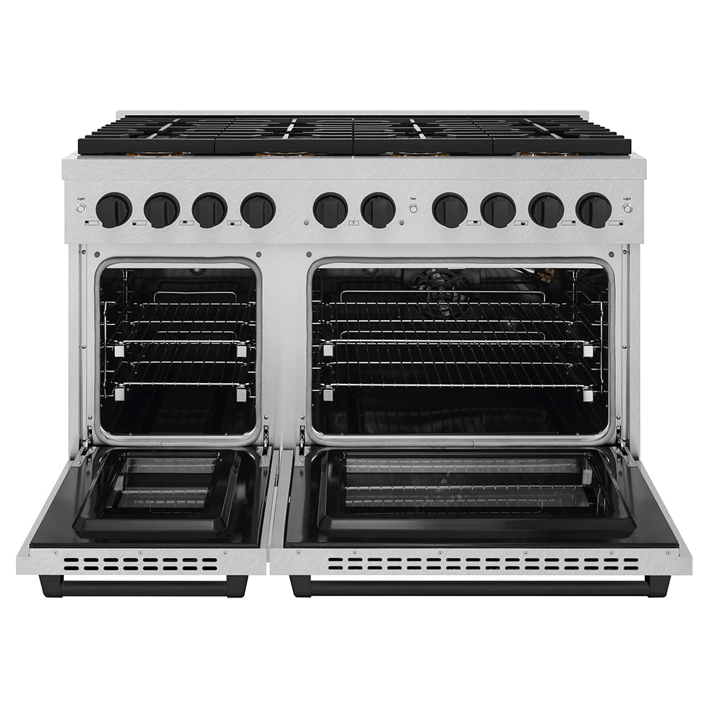 ZLINE Autograph Edition 48 in. 6.7 cu. ft. Paramount Gas Range with 8 Burner DuoPro™ Cooktop and Dual Ovens in Satin Stainless Steel and Matte Black Accents (PSGRSZ-48-MB) - (PSGRSZ48MB) -
