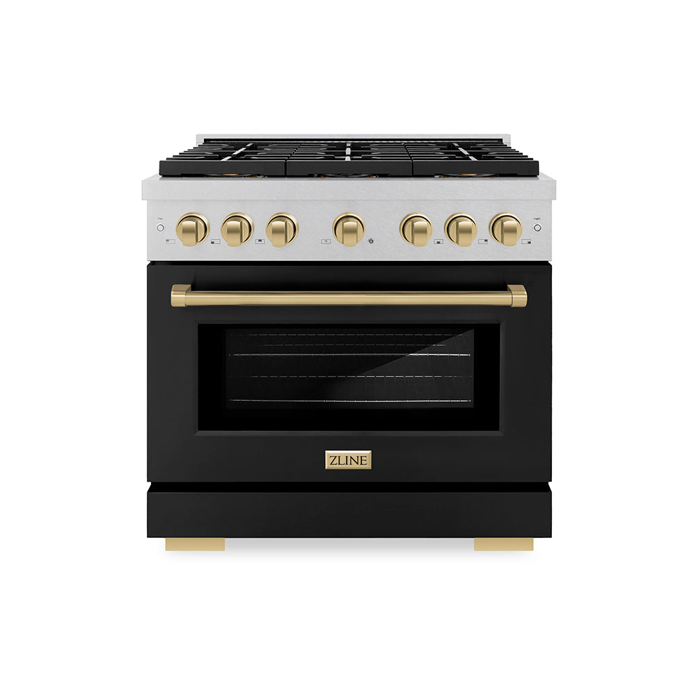 ZLINE Autograph Edition 36 in. 5.2 cu. ft. Paramount Gas Range with 6 Burner DuoPro™ Cooktop and Convection Gas Oven in Satin Stainless Steel with Black Matte Door and Champagne Bronze Accents (PSGRSZ-BLM36-CB) - (PSGRSZBLM36CB) -