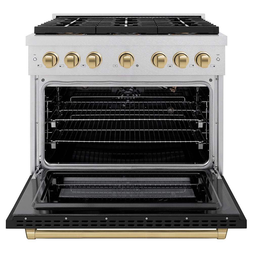 ZLINE Autograph Edition 36 in. 5.2 cu. ft. Paramount Gas Range with 6 Burner DuoPro™ Cooktop and Convection Gas Oven in Satin Stainless Steel with Black Matte Door and Champagne Bronze Accents (PSGRSZ-BLM36-CB) - (PSGRSZBLM36CB) -