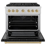 ZLINE Autograph Edition 36 in. 5.2 cu. ft. Paramount Gas Range with 6 Burner DuoPro™ Cooktop and Convection Gas Oven in Satin Stainless Steel with Black Matte Door and Champagne Bronze Accents (PSGRSZ-BLM36-CB) - (PSGRSZBLM36CB) -