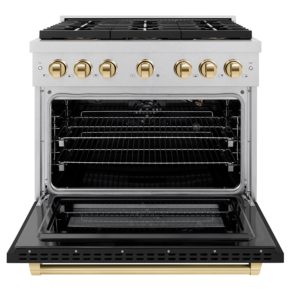 ZLINE Autograph Edition 36 in. 5.2 cu. ft. Paramount Gas Range with 6 Burner DuoPro™ Cooktop and Convection Gas Oven in Satin Stainless Steel with Black Matte Door and Polished Gold Accents (PSGRSZ-BLM36-G) - (PSGRSZBLM36G) -
