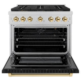 ZLINE Autograph Edition 36 in. 5.2 cu. ft. Paramount Gas Range with 6 Burner DuoPro™ Cooktop and Convection Gas Oven in Satin Stainless Steel with Black Matte Door and Polished Gold Accents (PSGRSZ-BLM36-G) - (PSGRSZBLM36G) -
