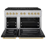 ZLINE Autograph Edition 48 in. 6.7 cu. ft. Paramount Gas Range with 8 Burner DuoPro™ Cooktop and Dual Ovens in Satin Stainless Steel with Black Matte Doors and Champagne Bronze Accents (PSGRSZ-BLM48-CB) - (PSGRSZBLM48CB) -