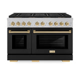 ZLINE Autograph Edition 48 in. 6.7 cu. ft. Paramount Gas Range with 8 Burner DuoPro™ Cooktop and Dual Ovens in Satin Stainless Steel with Black Matte Doors and Polished Gold Accents (PSGRSZ-BLM48-G) - (PSGRSZBLM48G) -