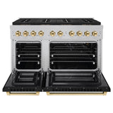 ZLINE Autograph Edition 48 in. 6.7 cu. ft. Paramount Gas Range with 8 Burner DuoPro™ Cooktop and Dual Ovens in Satin Stainless Steel with Black Matte Doors and Polished Gold Accents (PSGRSZ-BLM48-G) - (PSGRSZBLM48G) -