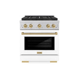 ZLINE Autograph Edition 30 in. 4.2 cu. ft. Paramount Gas Range with 4 Burner DuoPro™ Cooktop and Convection Gas Oven in Satin Stainless Steel with White Matte Door and Champagne Bronze Accents (PSGRSZ-WM-30-CB) - (PSGRSZWM30CB) -