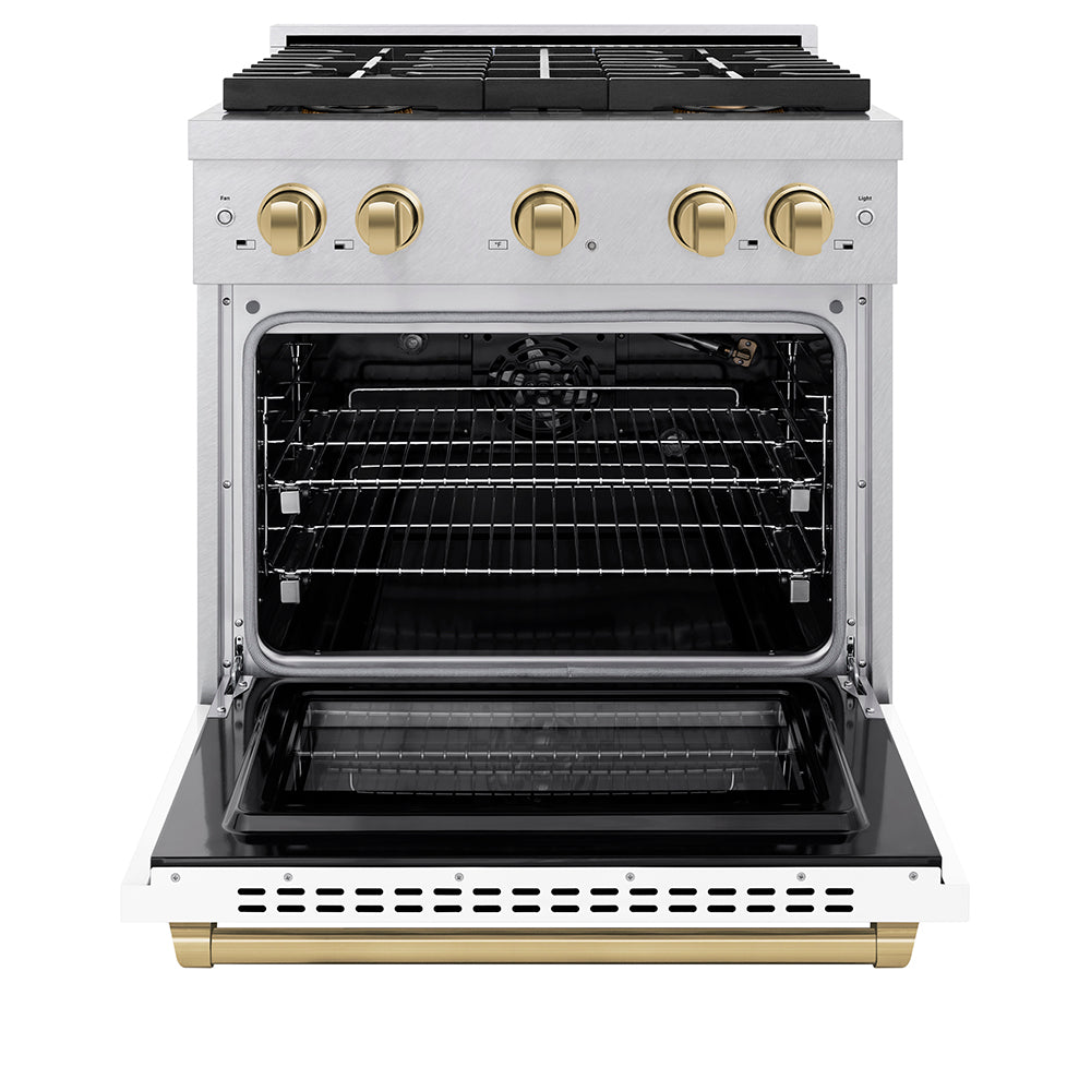 ZLINE Autograph Edition 30 in. 4.2 cu. ft. Paramount Gas Range with 4 Burner DuoPro™ Cooktop and Convection Gas Oven in Satin Stainless Steel with White Matte Door and Champagne Bronze Accents (PSGRSZ-WM-30-CB) - (PSGRSZWM30CB) -