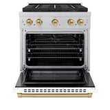 ZLINE Autograph Edition 30 in. 4.2 cu. ft. Paramount Gas Range with 4 Burner DuoPro™ Cooktop and Convection Gas Oven in Satin Stainless Steel with White Matte Door and Champagne Bronze Accents (PSGRSZ-WM-30-CB) - (PSGRSZWM30CB) -