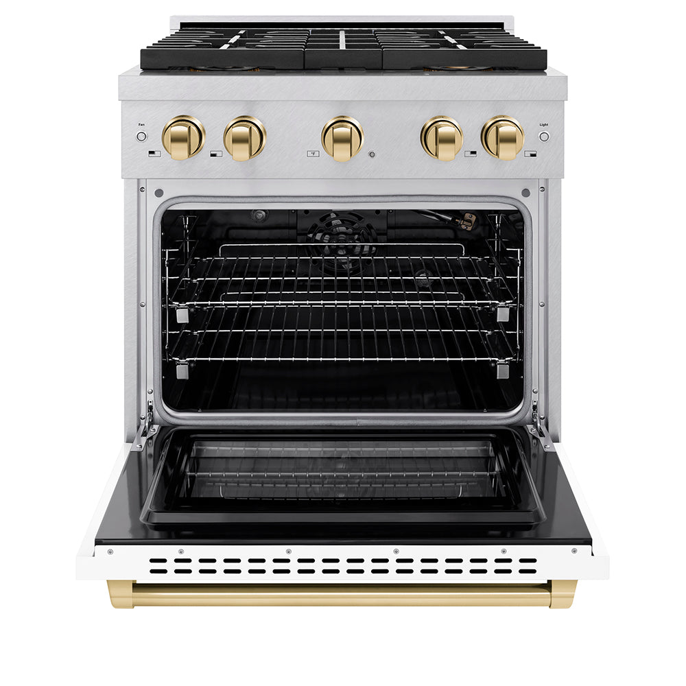 ZLINE Autograph Edition 30 in. 4.2 cu. ft. Paramount Gas Range with 4 Burner DuoPro™ Cooktop and Convection Gas Oven in Satin Stainless Steel with White Matte Door and Polished Gold Accents (PSGRSZ-WM-30-G) - (PSGRSZWM30G) -