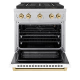 ZLINE Autograph Edition 30 in. 4.2 cu. ft. Paramount Gas Range with 4 Burner DuoPro™ Cooktop and Convection Gas Oven in Satin Stainless Steel with White Matte Door and Polished Gold Accents (PSGRSZ-WM-30-G) - (PSGRSZWM30G) -