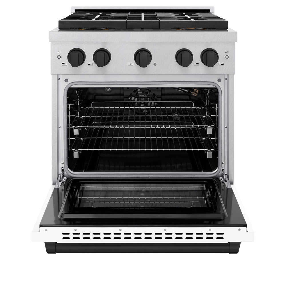 ZLINE Autograph Edition 30 in. 4.2 cu. ft. Paramount Gas Range with 4 Burner DuoPro™ Cooktop and Convection Gas Oven in Satin Stainless Steel with White Matte Door and Matte Black Accents (PSGRSZ-WM-30-MB) - (PSGRSZWM30MB) -