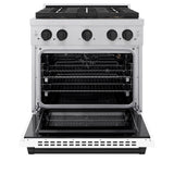 ZLINE Autograph Edition 30 in. 4.2 cu. ft. Paramount Gas Range with 4 Burner DuoPro™ Cooktop and Convection Gas Oven in Satin Stainless Steel with White Matte Door and Matte Black Accents (PSGRSZ-WM-30-MB) - (PSGRSZWM30MB) -