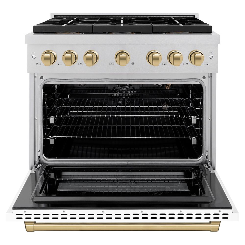 ZLINE Autograph Edition 36 in. 5.2 cu. ft. Paramount Gas Range with 6 Burner DuoPro™ Cooktop and Convection Gas Oven in Satin Stainless Steel with White Matte Door and Champagne Bronze Accents (PSGRSZ-WM-36-CB) - (PSGRSZWM36CB) -