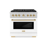 ZLINE Autograph Edition 36 in. 5.2 cu. ft. Paramount Gas Range with 6 Burner DuoPro™ Cooktop and Convection Gas Oven in Satin Stainless Steel with White Matte Door and Polished Gold Accents (PSGRSZ-WM-36-G) - (PSGRSZWM36G) -