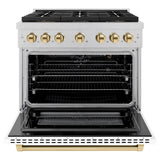 ZLINE Autograph Edition 36 in. 5.2 cu. ft. Paramount Gas Range with 6 Burner DuoPro™ Cooktop and Convection Gas Oven in Satin Stainless Steel with White Matte Door and Polished Gold Accents (PSGRSZ-WM-36-G) - (PSGRSZWM36G) -