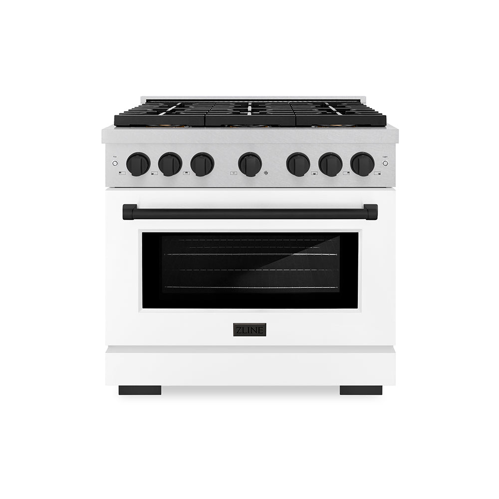 ZLINE Autograph Edition 36 in. 5.2 cu. ft. Paramount Gas Range with 6 Burner DuoPro™ Cooktop and Convection Gas Oven in Satin Stainless Steel with White Matte Door and Matte Black Accents (PSGRSZ-WM-36-MB) - (PSGRSZWM36MB) -