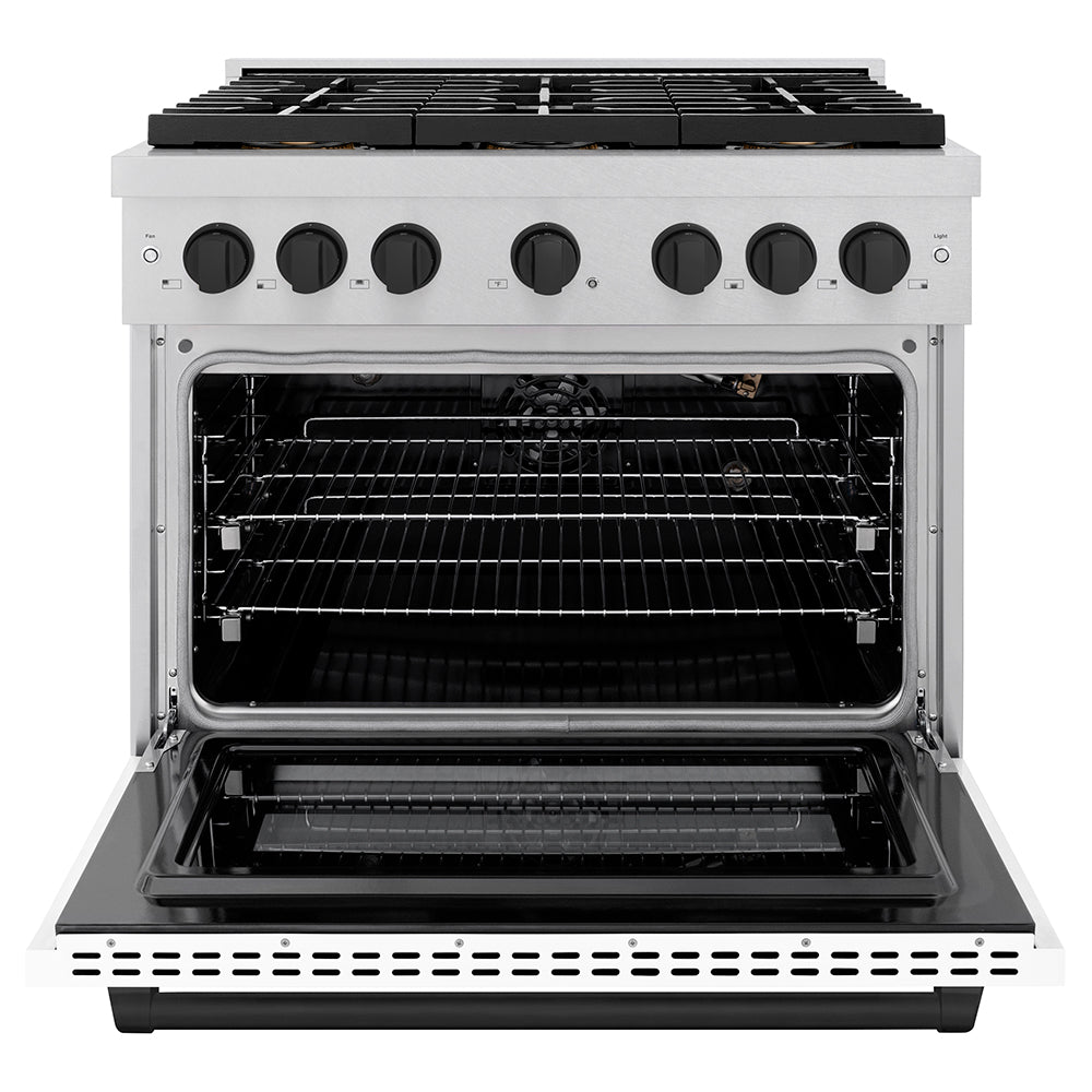 ZLINE Autograph Edition 36 in. 5.2 cu. ft. Paramount Gas Range with 6 Burner DuoPro™ Cooktop and Convection Gas Oven in Satin Stainless Steel with White Matte Door and Matte Black Accents (PSGRSZ-WM-36-MB) - (PSGRSZWM36MB) -