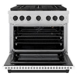 ZLINE Autograph Edition 36 in. 5.2 cu. ft. Paramount Gas Range with 6 Burner DuoPro™ Cooktop and Convection Gas Oven in Satin Stainless Steel with White Matte Door and Matte Black Accents (PSGRSZ-WM-36-MB) - (PSGRSZWM36MB) -