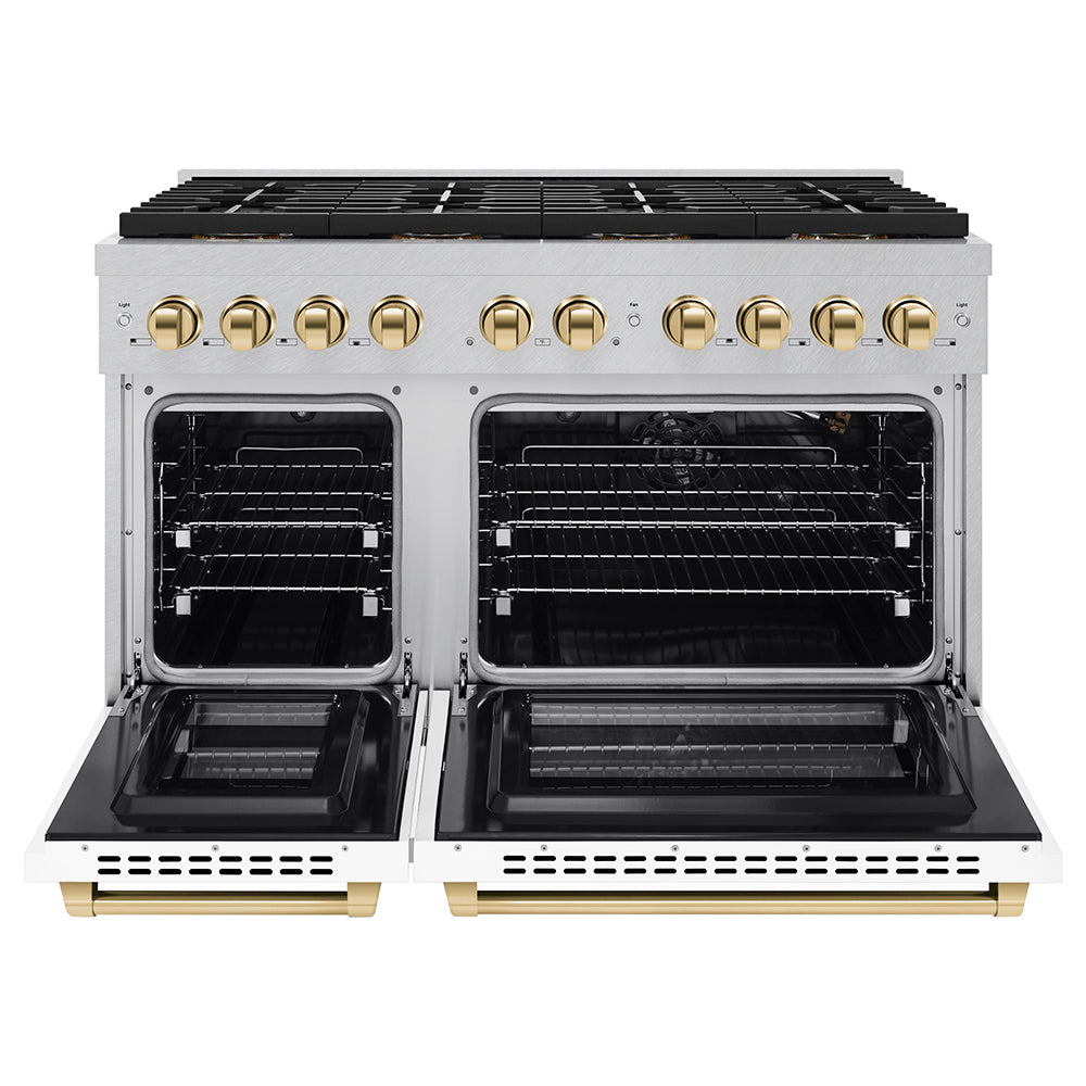 ZLINE Autograph Edition 48 in. 6.7 cu. ft. Paramount Gas Range with 8 Burner DuoPro™ Cooktop and Dual Ovens in Satin Stainless Steel with White Matte Doors and Polished Gold Accents (PSGRSZ-WM-48-G) - (PSGRSZWM48G) -