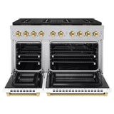 ZLINE Autograph Edition 48 in. 6.7 cu. ft. Paramount Gas Range with 8 Burner DuoPro™ Cooktop and Dual Ovens in Satin Stainless Steel with White Matte Doors and Polished Gold Accents (PSGRSZ-WM-48-G) - (PSGRSZWM48G) -