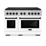 ZLINE Autograph Edition 48 in. 6.7 cu. ft. Paramount Gas Range with 8 Burner DuoPro™ Cooktop and Dual Ovens in Satin Stainless Steel with White Matte Doors and Matte Black Accents (PSGRSZ-WM-48-MB) - (PSGRSZWM48MB) -