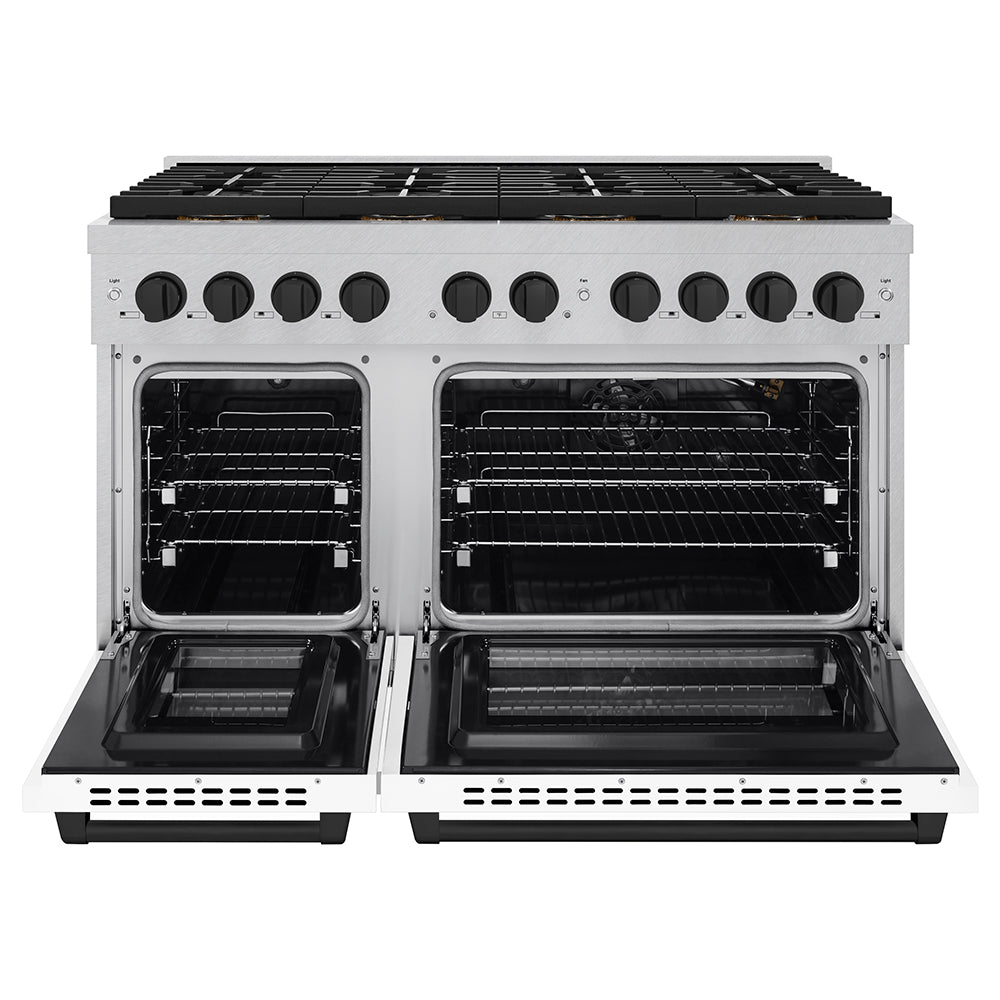 ZLINE Autograph Edition 48 in. 6.7 cu. ft. Paramount Gas Range with 8 Burner DuoPro™ Cooktop and Dual Ovens in Satin Stainless Steel with White Matte Doors and Matte Black Accents (PSGRSZ-WM-48-MB) - (PSGRSZWM48MB) -