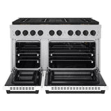ZLINE Autograph Edition 48 in. 6.7 cu. ft. Paramount Gas Range with 8 Burner DuoPro™ Cooktop and Dual Ovens in Satin Stainless Steel with White Matte Doors and Matte Black Accents (PSGRSZ-WM-48-MB) - (PSGRSZWM48MB) -