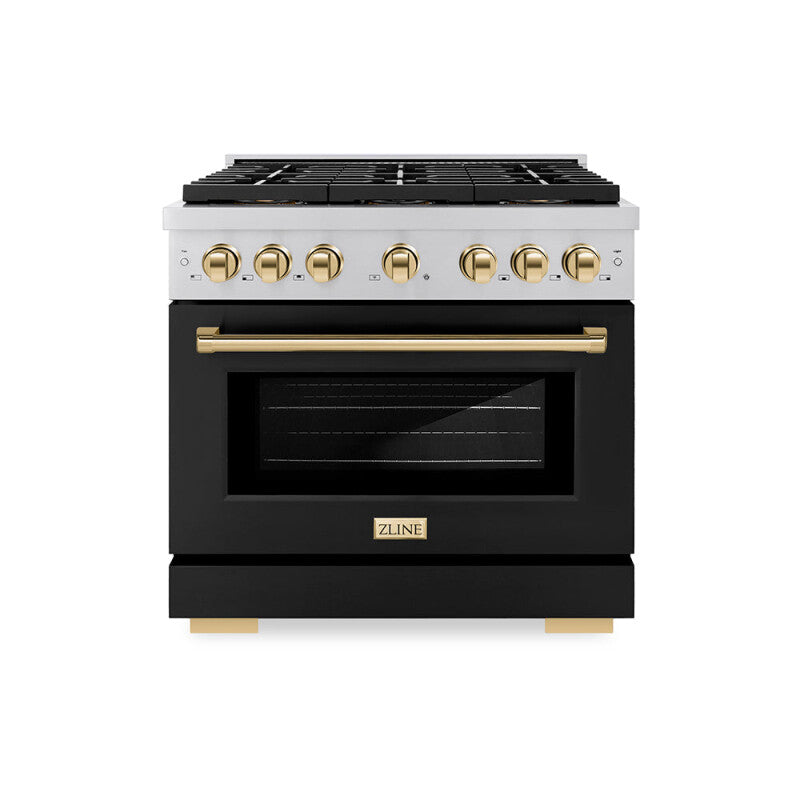 Autograph Edition 36 in. 5.2 cu. ft. Paramount Gas Range with 6 Burner DuoPro™ Cooktop and Convection Gas Oven with Black Matte Door and Polished Gold Accents - (PSGRZBLM36G) -