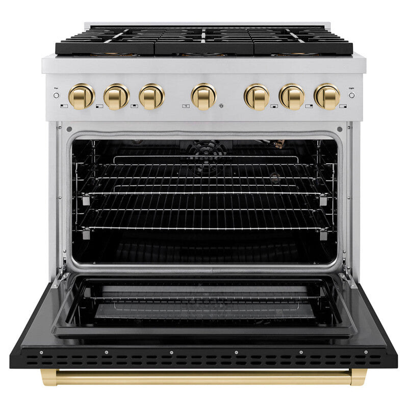 Autograph Edition 36 in. 5.2 cu. ft. Paramount Gas Range with 6 Burner DuoPro™ Cooktop and Convection Gas Oven with Black Matte Door and Polished Gold Accents - (PSGRZBLM36G) -