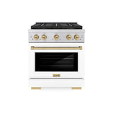 ZLINE Autograph Edition 30 in. 4.2 cu. ft. Paramount Gas Range with 4 Burner DuoPro™ Cooktop and Convection Gas Oven in Stainless Steel with White Matte Door and Champagne Bronze Accents (PSGRZ-WM-30-CB) - (PSGRZWM30CB) -