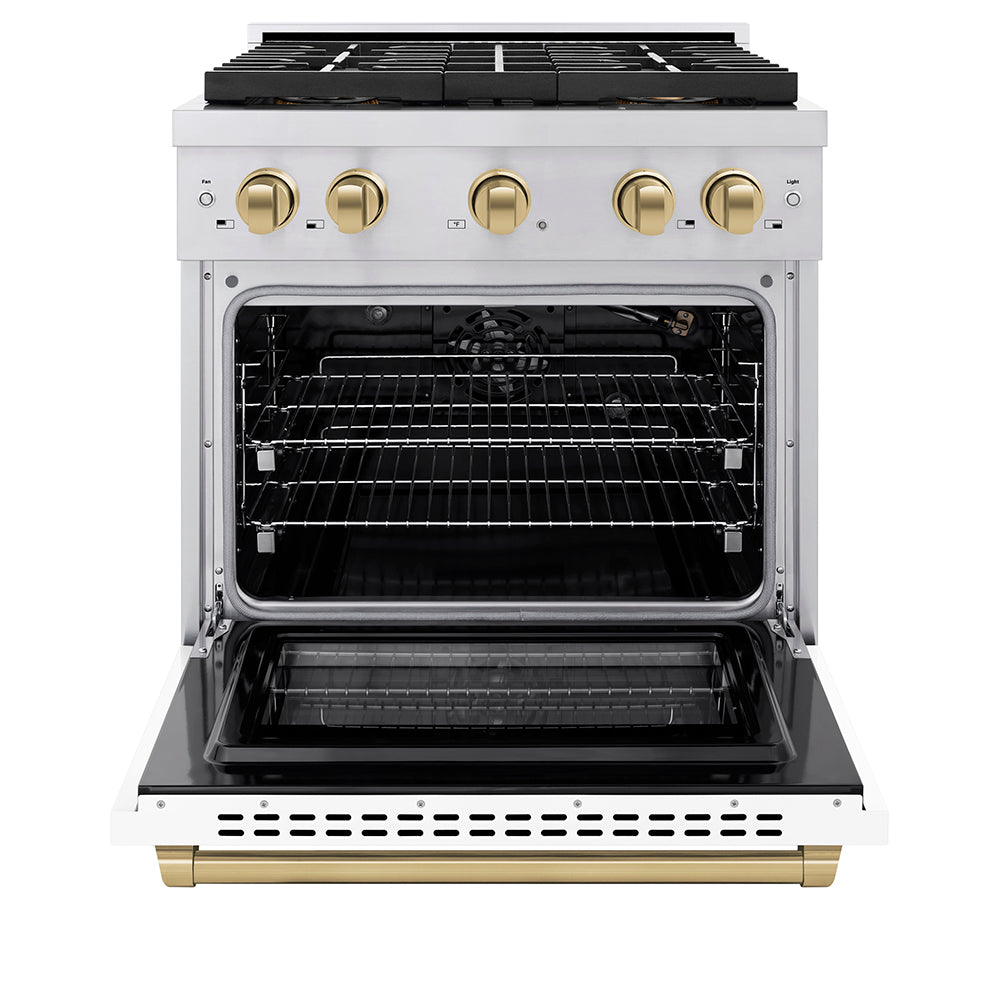 ZLINE Autograph Edition 30 in. 4.2 cu. ft. Paramount Gas Range with 4 Burner DuoPro™ Cooktop and Convection Gas Oven in Stainless Steel with White Matte Door and Champagne Bronze Accents (PSGRZ-WM-30-CB) - (PSGRZWM30CB) -
