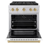 ZLINE Autograph Edition 30 in. 4.2 cu. ft. Paramount Gas Range with 4 Burner DuoPro™ Cooktop and Convection Gas Oven in Stainless Steel with White Matte Door and Champagne Bronze Accents (PSGRZ-WM-30-CB) - (PSGRZWM30CB) -
