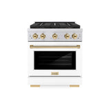 ZLINE Autograph Edition 30 in. 4.2 cu. ft. Paramount Gas Range with 4 Burner DuoPro™ Cooktop and Convection Gas Oven in Stainless Steel with White Matte Door and Polished Gold Accents (PSGRZ-WM-30-G) - (PSGRZWM30G) -