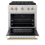 ZLINE Autograph Edition 30 in. 4.2 cu. ft. Paramount Gas Range with 4 Burner DuoPro™ Cooktop and Convection Gas Oven in Stainless Steel with White Matte Door and Polished Gold Accents (PSGRZ-WM-30-G) - (PSGRZWM30G) -