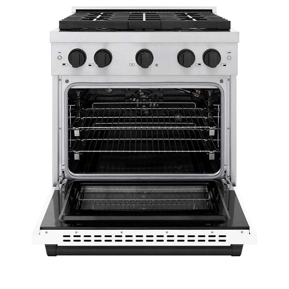 ZLINE Autograph Edition 30 in. 4.2 cu. ft. Paramount Gas Range with 4 Burner DuoPro™ Cooktop and Convection Gas Oven in Stainless Steel with White Matte Door and Matte Black Accents (PSGRZ-WM-30-MB) - (PSGRZWM30MB) -